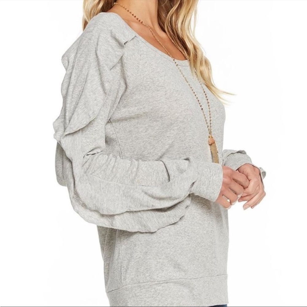 Chaser Ruffle Long Sleeve Grey Crew Neck